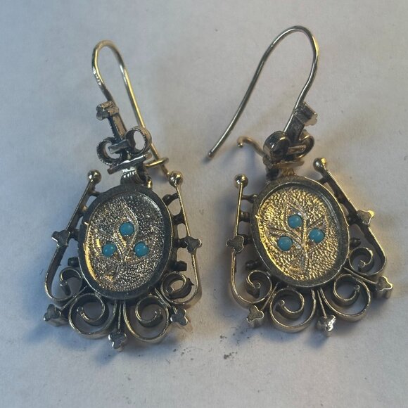 Victorian Revival 14k Gold Turquoise Chandelier Drop Dangle Earrings 8.2 Grams - Picture 1 of 4